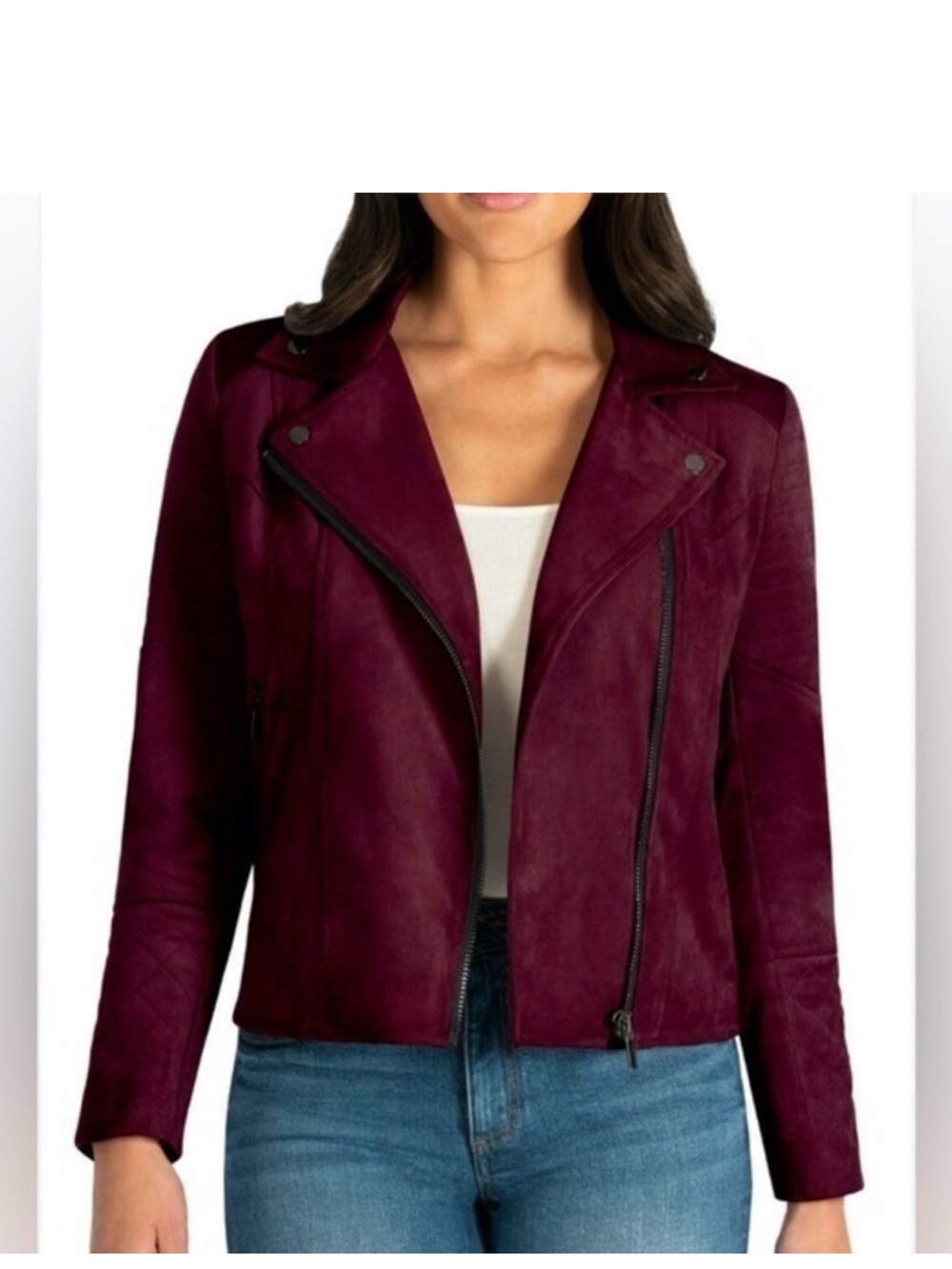 Kut from the Kloth Faux Suede Burgundy Asymmetrical Moto Jacket